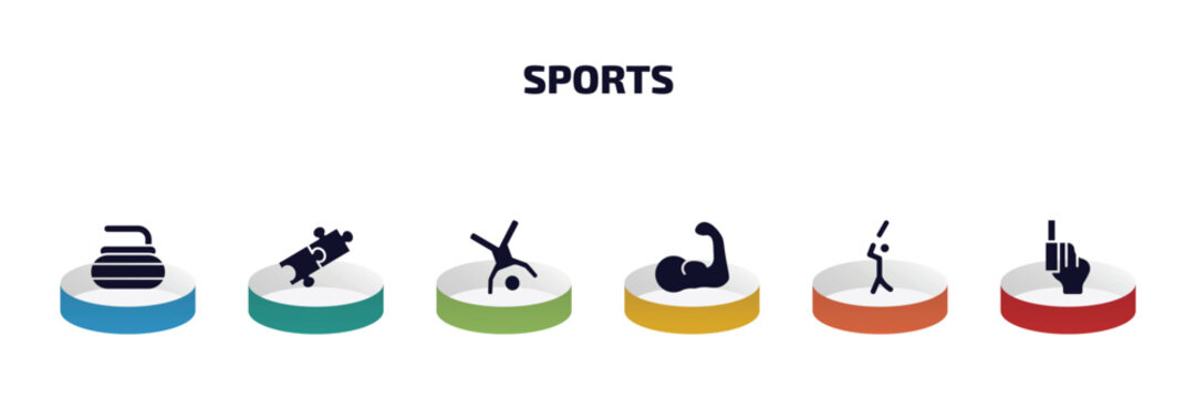 sports infographic element with filled icons and 6 step or option. sports icons such as curling, match, cartwheel, muscle, bats man, starting gun vector.