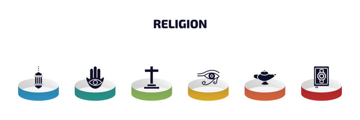 religion infographic element with filled icons and 6 step or option. religion icons such as arabic lamp, hamsa, christianity, eye of ra, arabian magic lamp, mushaf vector.