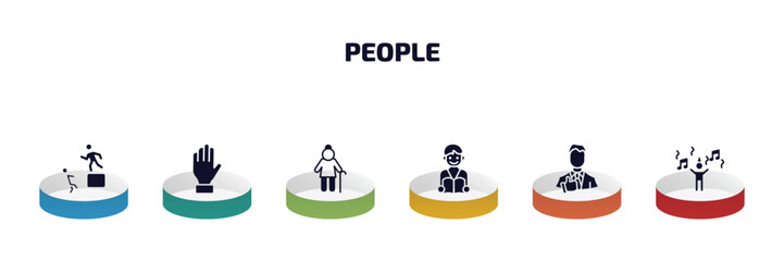 people infographic element with filled icons and 6 step or option. people icons such as man pushing child, slap, old lady walking, student books, tumb up business man, man celebrating vector.