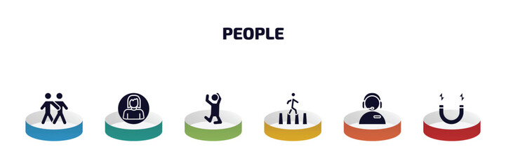 people infographic element with filled icons and 6 step or option. people icons such as man hugging, woman profile, man jumping, crossing road, phone assistance, electromagnet vector.