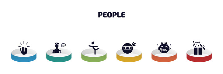 people infographic element with filled icons and 6 step or option. people icons such as knocking, monologue, gymnast girl, ninja portrait, crying baby, open present box vector. © Farahim