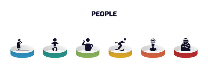 people infographic element with filled icons and 6 step or option. people icons such as takbir, baby with diaper, man talking with phone, man skiing, empress, kidnapping vector.