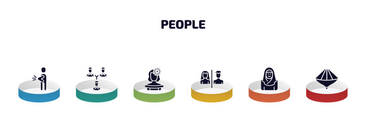 people infographic element with filled icons and 6 step or option. people icons such as spindle, business partnership, mexican woman, restroom, arab woman, vietnamese vector.