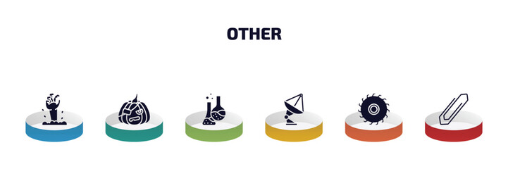 other infographic element with filled icons and 6 step or option. other icons such as zambie hand, pirate pumpkin, labaratory, satelite antenna, saw blade, office clip vector.