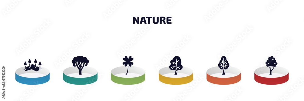 Poster nature infographic element with filled icons and 6 step or option. nature icons such as mountains wi