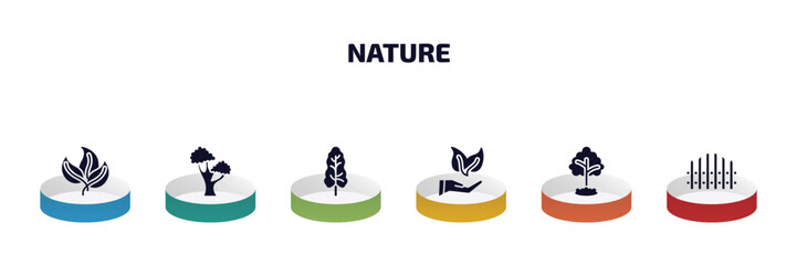 nature infographic element with filled icons and 6 step or option. nature icons such as green, black oak tree, black ash tree, conservation, tree growing, picket fence vector.