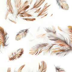 Seamless pattern of delicate bird feathers on a white background. Abstract illustration, design element. Generative AI.