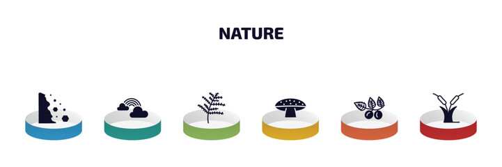 nature infographic element with filled icons and 6 step or option. nature icons such as falling debris, rainbow behind a cloud, cypress leaf, amanita, briar leaf, reed bed vector.