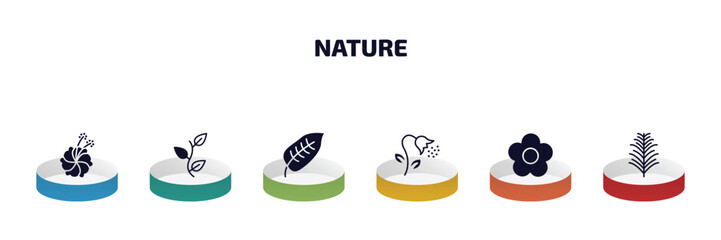 nature infographic element with filled icons and 6 step or option. nature icons such as hibiscus, perfoliate, ovate, pollen, season, yew leaf vector.