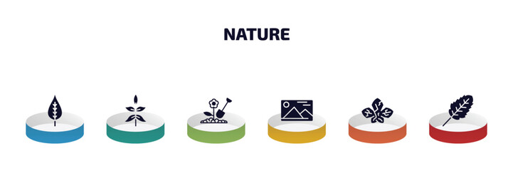 nature infographic element with filled icons and 6 step or option. nature icons such as poplar leaf, sprig with five leaves, farming, landscape inside frame, dry leaf, plum leaf vector.