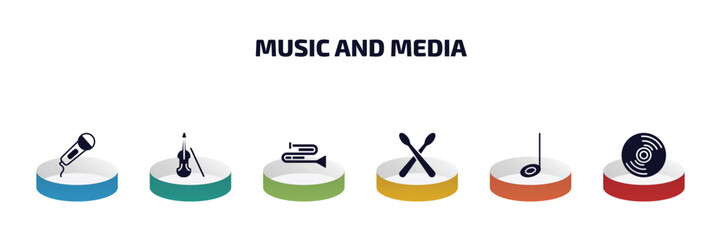 music and media infographic element with filled icons and 6 step or option. music and media icons such as hand mic, violoncello, trombone, drumsticks, half note, cd vector.