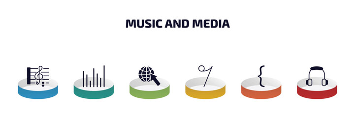 music and media infographic element with filled icons and 6 step or option. music and media icons such as octave, sound bars, globe with pointer, eight note rest, bracket, music player headphones
