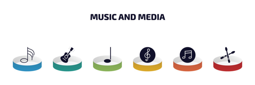 music and media infographic element with filled icons and 6 step or option. music and media icons such as thirty second note, ukelele, crotchet, clef, flat, drumstick vector.