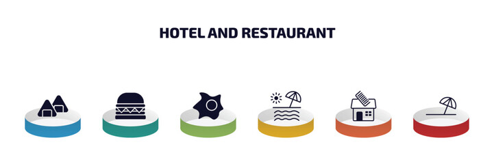 hotel and restaurant infographic element with filled icons and 6 step or option. hotel and restaurant icons such as onigiri, cheese burger, fried egg, beach, barbershop, beach umbrella vector.