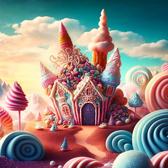 Fairy tale candy land 3d. Sweet landscape candyland.