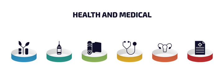 health and medical infographic element with filled icons and 6 step or option. health and medical icons such as bio, punching bag, yoga mat, stethoscope, gynecology, medical file vector.
