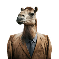 Portrait of a camel dressed in a formal business suit on white background, transparent png, generative ai