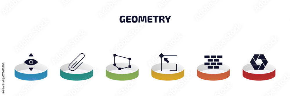 Poster geometry infographic element with filled icons and 6 step or option. geometry icons such as perspect