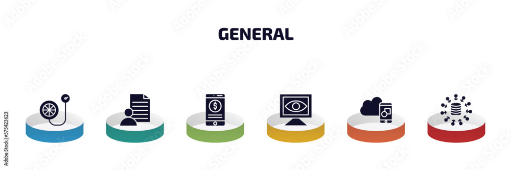 Poster general infographic element with filled icons and 6 step or option. general icons such as inflate ti