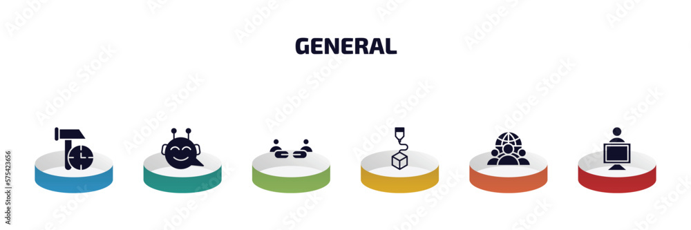 Poster general infographic element with filled icons and 6 step or option. general icons such as build time