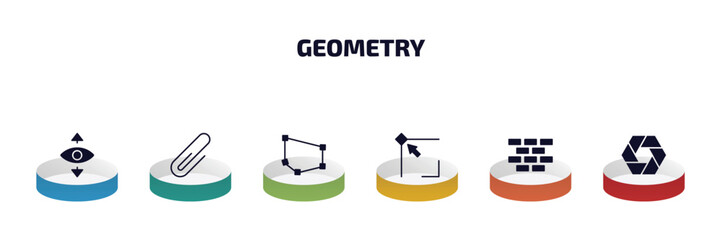 geometry infographic element with filled icons and 6 step or option. geometry icons such as perspective, attach, polygon, edit corner, construction, polygonal hexagon vector.