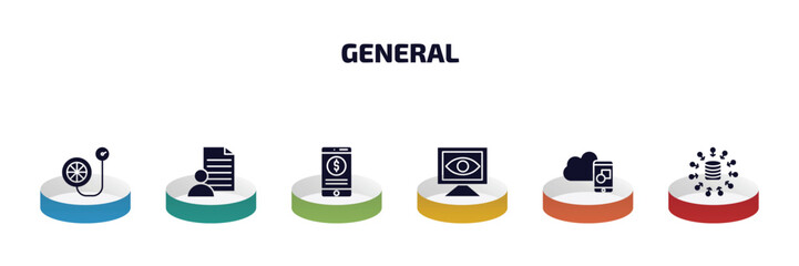 general infographic element with filled icons and 6 step or option. general icons such as inflate tire, agent script, digital banking, computer vision, digital product, data aggregation vector.