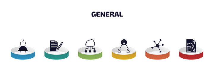 general infographic element with filled icons and 6 step or option. general icons such as food delivery, copywriting, computing technology, collaborative idea, advertising networks, ecommerce