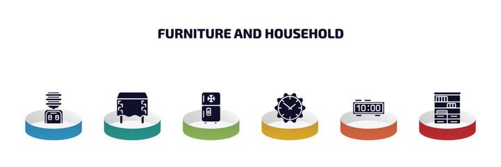 furniture and household infographic element with filled icons and 6 step or option. furniture and household icons such as water dispenser, table linens, fridge, wall clock, table clock, bookshelf