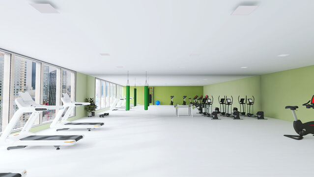Gym interior 3d render, back illustration
