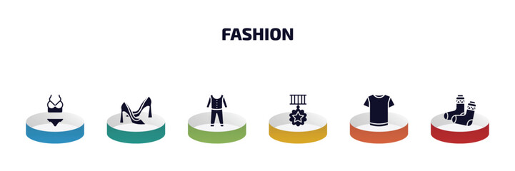 fashion infographic element with filled icons and 6 step or option. fashion icons such as lingerine, high heel shoes, pajamas, star medal, white t shirt, pair of socks vector.