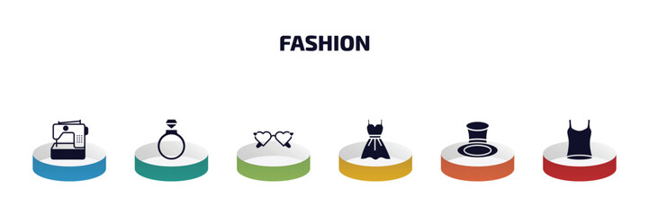 fashion infographic element with filled icons and 6 step or option. fashion icons such as electrical appliances, fiance, heart eyeglasses, women drees, cylinder hat, women sleeveless shirt vector.