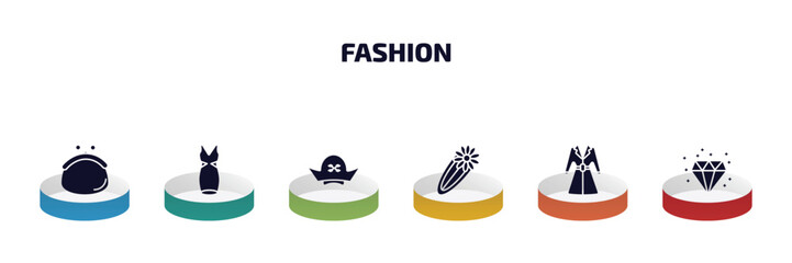 fashion infographic element with filled icons and 6 step or option. fashion icons such as purses, neckline dress, pirate hat, barrette, women coat, diamond precious stone vector.