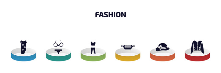 fashion infographic element with filled icons and 6 step or option. fashion icons such as tunic, swimwear, gym clothes, belt pouch, round hat, sweater with pocket vector.