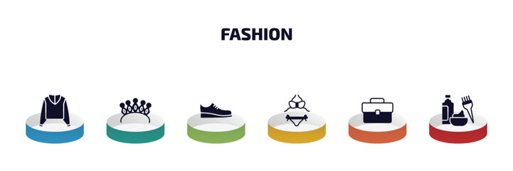 fashion infographic element with filled icons and 6 step or option. fashion icons such as sweater with hood, diadem, one shoe, women swimsuit, office briefcase, hair dye vector.