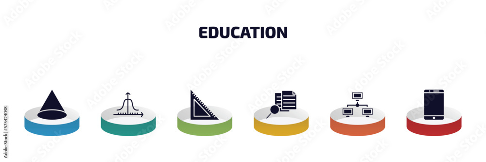Poster education infographic element with filled icons and 6 step or option. education icons such as cone g