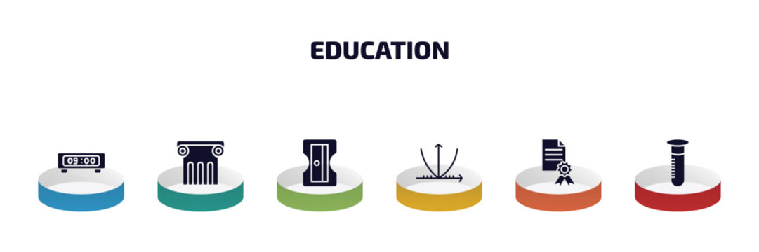 education infographic element with filled icons and 6 step or option. education icons such as digital display 60, greek pillar, sharpener, parabolic function, sealed diploma, full test tube vector.