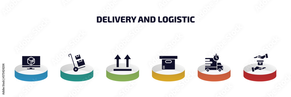 Poster delivery and logistic infographic element with filled icons and 6 step or option. delivery and logis