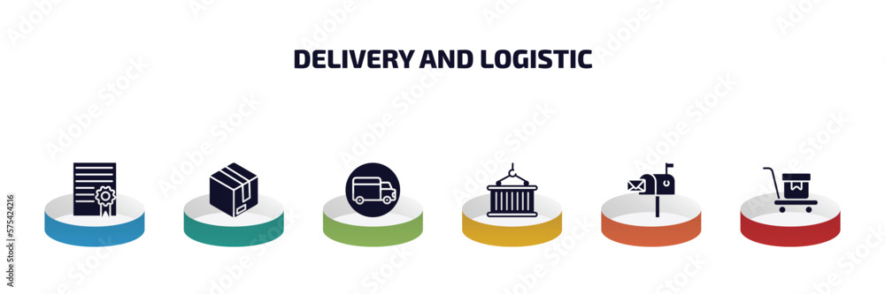 Poster delivery and logistic infographic element with filled icons and 6 step or option. delivery and logis