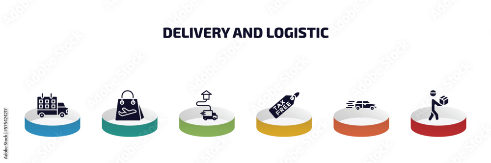 Poster delivery and logistic infographic element with filled icons and 6 step or option. delivery and logis