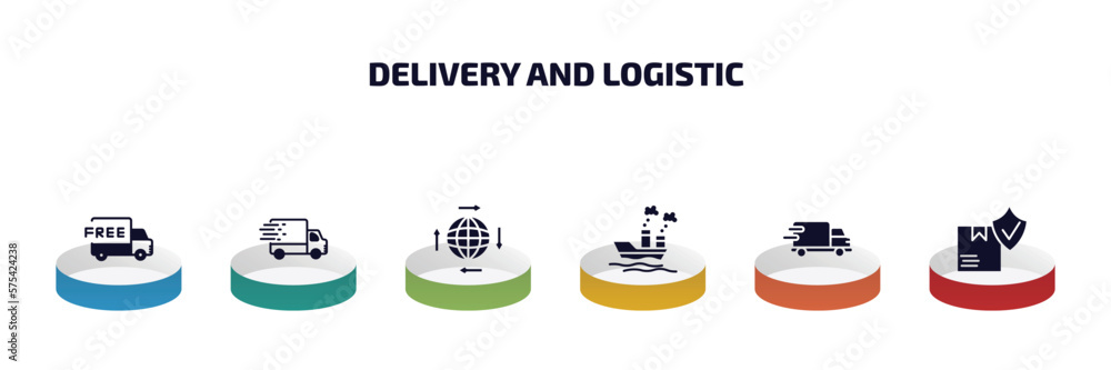 Poster delivery and logistic infographic element with filled icons and 6 step or option. delivery and logis