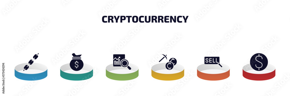 Poster cryptocurrency infographic element with filled icons and 6 step or option. cryptocurrency icons such
