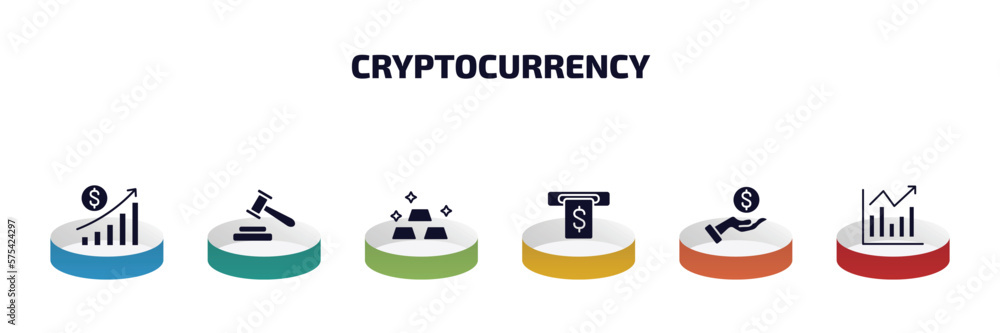 Poster cryptocurrency infographic element with filled icons and 6 step or option. cryptocurrency icons such