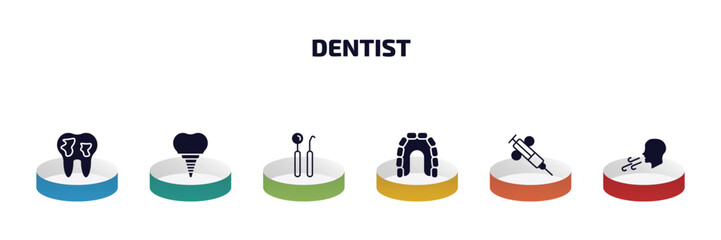 dentist infographic element with filled icons and 6 step or option. dentist icons such as decay, dental prosthesis, dentist tools, maxilla, dental needle, breath vector.