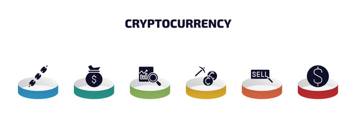 cryptocurrency infographic element with filled icons and 6 step or option. cryptocurrency icons such as chains, money bag, market trends, mining, sell, dollar vector.