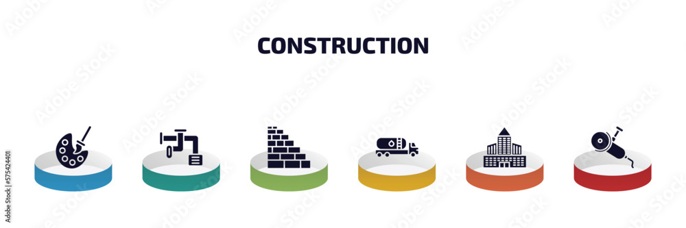 Poster construction infographic element with filled icons and 6 step or option. construction icons such as 