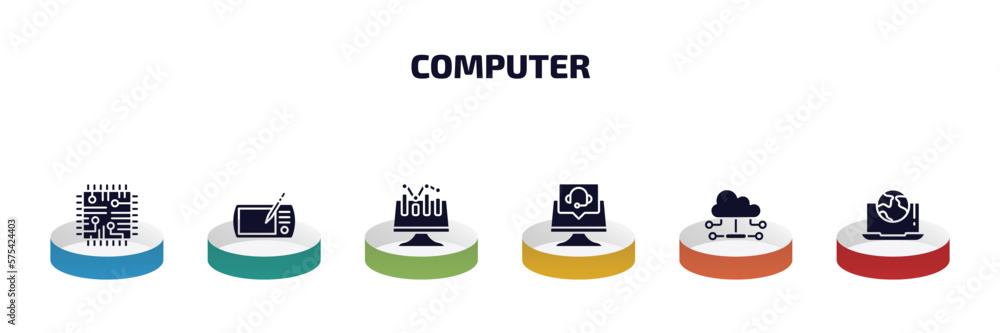 Poster computer infographic element with filled icons and 6 step or option. computer icons such as chips, t