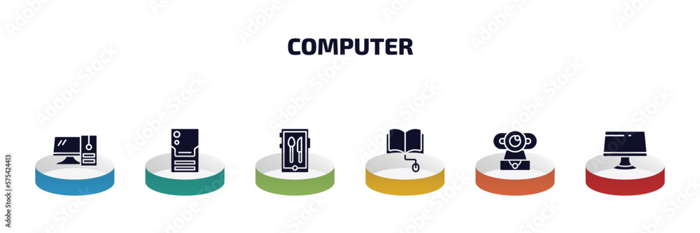 Poster computer infographic element with filled icons and 6 step or option. computer icons such as workstat
