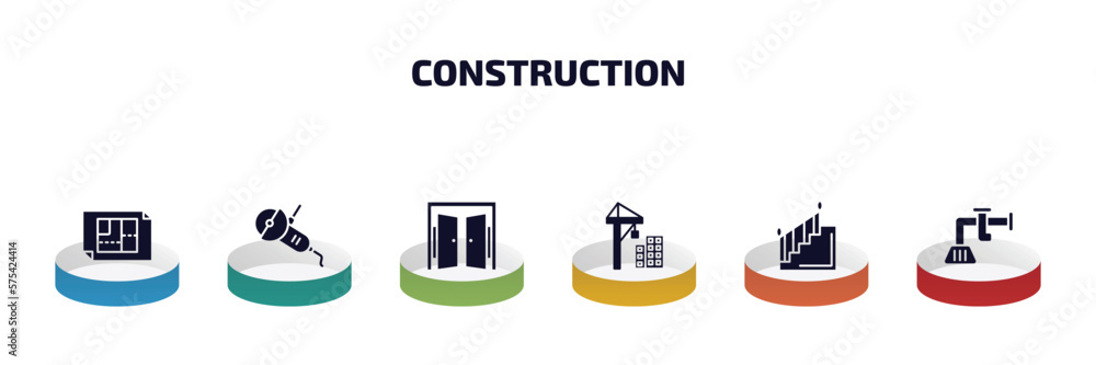 Poster construction infographic element with filled icons and 6 step or option. construction icons such as 