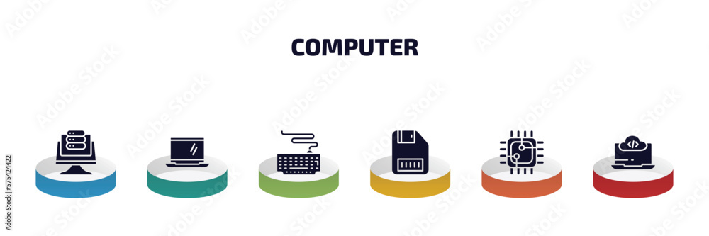 Poster computer infographic element with filled icons and 6 step or option. computer icons such as data pag