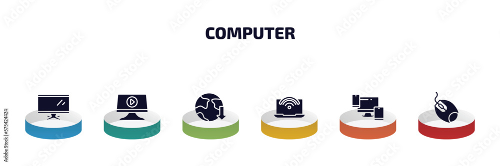 Poster computer infographic element with filled icons and 6 step or option. computer icons such as tv scree
